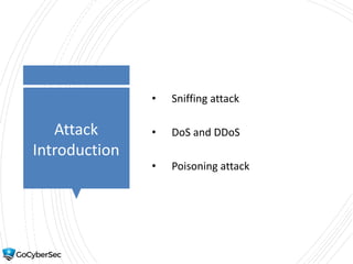 Attack
Introduction
• Sniffing attack
• DoS and DDoS
• Poisoning attack
 