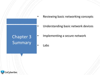 Chapter 3
Summary
• Reviewing basic networking concepts
• Understanding basic network devices
• Implementing a secure network
• Labs
 