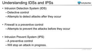 Proprietary & Confidential
@GoCyberSec | January 2020
Understanding IDSs and IPSs
• Intrusion Detection System (IDS)
–Detective control
–Attempts to detect attacks after they occur
• Firewall is a preventive control
–Attempts to prevent the attacks before they occur
• Intrusion Prevent System (IPS)
–A preventive control
–Will stop an attack in progress.
 