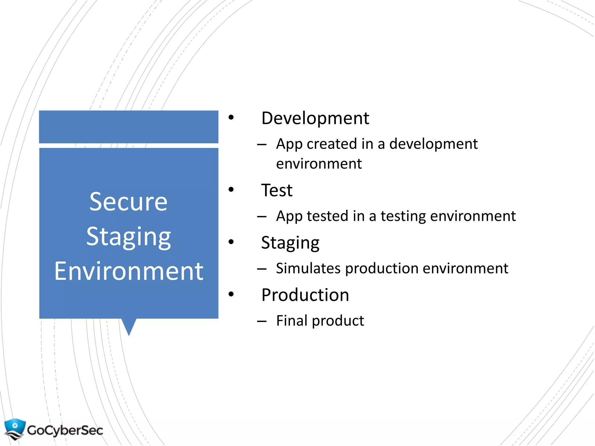 Secure
Staging
Environment
• Development
– App created in a development
environment
• Test
– App tested in a testing environment
• Staging
– Simulates production environment
• Production
– Final product
 
