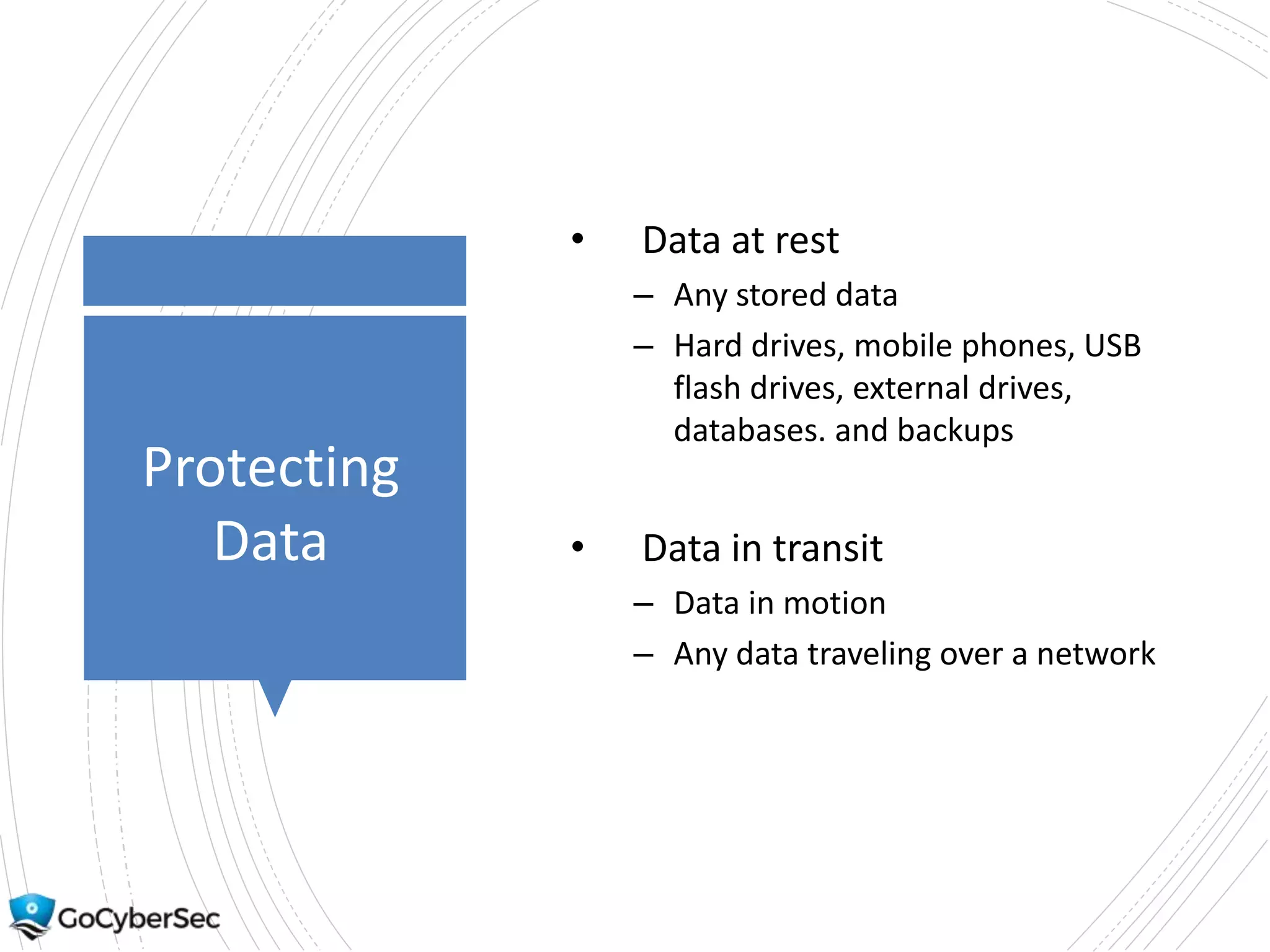 Protecting
Data
• Data at rest
– Any stored data
– Hard drives, mobile phones, USB
flash drives, external drives,
databases. and backups
• Data in transit
– Data in motion
– Any data traveling over a network
 
