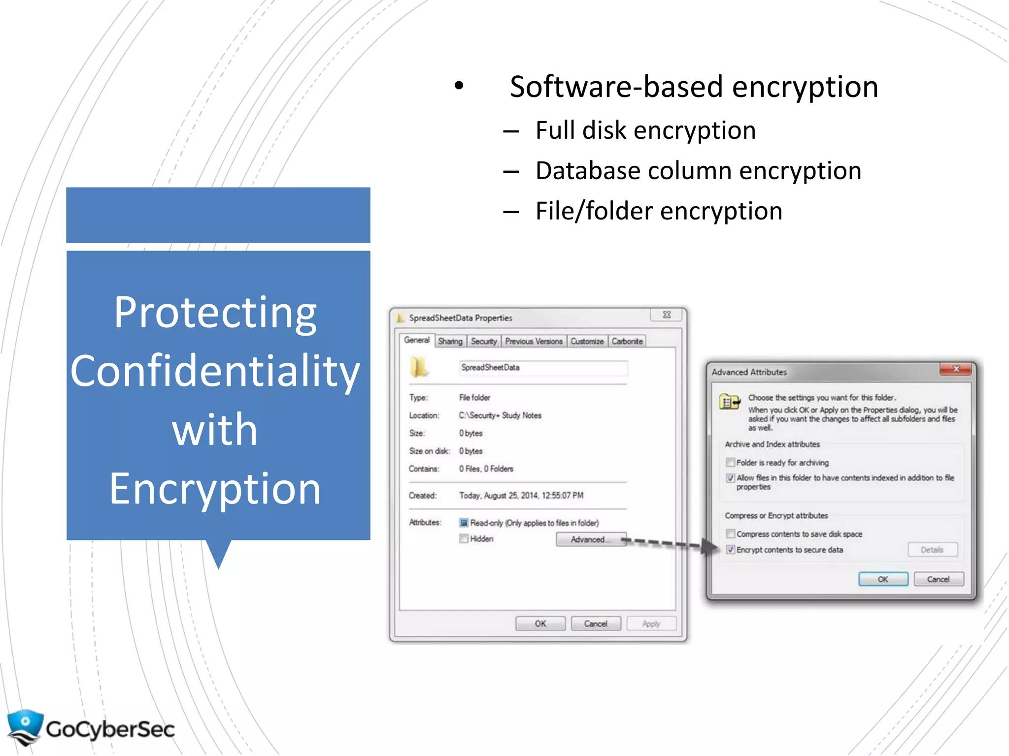 Protecting
Confidentiality
with
Encryption
• Software-based encryption
– Full disk encryption
– Database column encryption
– File/folder encryption
 