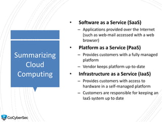 Summarizing
Cloud
Computing
• Software as a Service (SaaS)
– Applications provided over the Internet
(such as web-mail accessed with a web
browser)
• Platform as a Service (PaaS)
– Provides customers with a fully managed
platform
– Vendor keeps platform up-to-date
• Infrastructure as a Service (IaaS)
– Provides customers with access to
hardware in a self-managed platform
– Customers are responsible for keeping an
IaaS system up to date
 