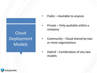Cloud
Deployment
Models
• Public – Available to anyone
• Private – Only available within a
company
• Community – Cloud shared by two
or more organizations
• Hybrid – Combination of any two
models
 