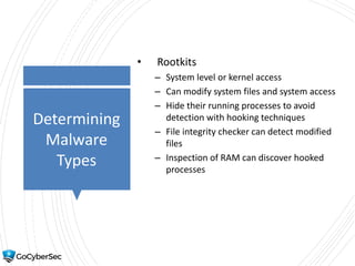 Determining
Malware
Types
• Rootkits
– System level or kernel access
– Can modify system files and system access
– Hide their running processes to avoid
detection with hooking techniques
– File integrity checker can detect modified
files
– Inspection of RAM can discover hooked
processes
 