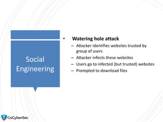 Social
Engineering
• Watering hole attack
– Attacker identifies websites trusted by
group of users
– Attacker infects these websites
– Users go to infected (but trusted) websites
– Prompted to download files
 