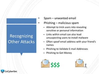 Recognizing
Other Attacks
• Spam – unwanted email
• Phishing – malicious spam
– Attempt to trick users into revealing
sensitive or personal information
– Links within email can also lead
unsuspecting users to install malware
– Often spoof email address with your friend’s
names
– Phishing to Validate E-mail Addresses
– Phishing to Get Money
$$$
 