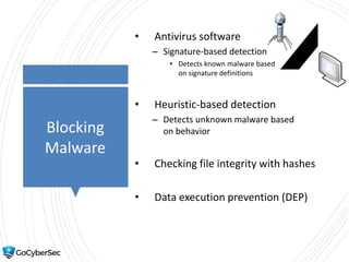 Blocking
Malware
• Antivirus software
– Signature-based detection
• Detects known malware based
on signature definitions
• Heuristic-based detection
– Detects unknown malware based
on behavior
• Checking file integrity with hashes
• Data execution prevention (DEP)
 