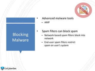 Blocking
Malware
• Advanced malware tools
– AMP
• Spam filters can block spam
– Network-based spam filters block into
network
– End-user spam filters restrict
spam on user’s system
 
