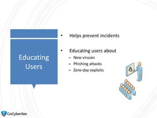 Educating
Users
• Helps prevent incidents
• Educating users about
– New viruses
– Phishing attacks
– Zero-day exploits
 