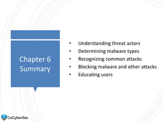 Chapter 6
Summary
• Understanding threat actors
• Determining malware types
• Recognizing common attacks
• Blocking malware and other attacks
• Educating users
 