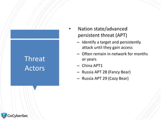 Threat
Actors
• Nation state/advanced
persistent threat (APT)
– Identify a target and persistently
attack until they gain access
– Often remain in network for months
or years
– China APT1
– Russia APT 28 (Fancy Bear)
– Russia APT 29 (Cozy Bear)
 