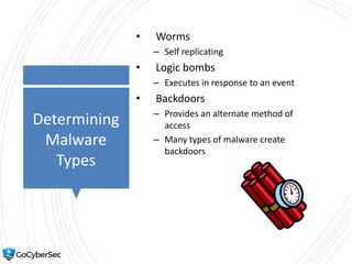 Determining
Malware
Types
• Worms
– Self replicating
• Logic bombs
– Executes in response to an event
• Backdoors
– Provides an alternate method of
access
– Many types of malware create
backdoors
 