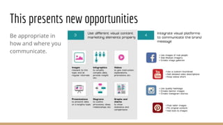 Be appropriate in
how and where you
communicate.
This presents new opportunities
 