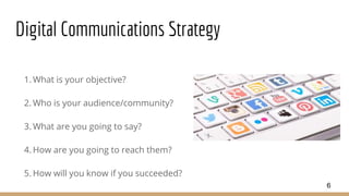 Digital Communications Strategy
1. What is your objective?
2. Who is your audience/community?
3. What are you going to say?
4. How are you going to reach them?
5. How will you know if you succeeded?
6
 