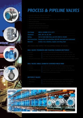 •	 Cast and Forged Gate, Globe and Check Valves
•	 Ball Valves Floating and Trunnion mounted
•	 Butterfly Valves resilient seated and metal seated, centric, double & triple eccentric
•	 Multi-way Ball Valves
•	 Double Block and Bleed Ball Valves
•	 Plug Valves lubricated, sleeved and lined
•	 Dual and single flap Wafer Check Valves
Size Range	 6NB to 1400NB (1/2 to 56”)
Standards	 ANSI, API, AS, BS, DIN
Rating	 150 to 2500 ANSI Class and API 2000 to 10,000
End Connections	 Flanged RTJ, RF & Undrilled, BSP, NPT, Buttweld and Socketweld
Material	 Carbon, Iron, Stainless, Duplex and Alloy Steel
WE STOCK AND SUPPLY THE FOLLOWING RANGE OF VALVES:
BALL VALVES TRUNNION AND FLOATING FLANGED/BUTTWELD
•	 Sferova
•	 JC Valves
•	 Starline
•	 Australian Pipeline Valve
BALL VALVES SMALL DIAMETER SCREWED/WELD ENDS
•	 Starline
•	 JC Valves
•	 Australian Pipeline Valve
BUTTERFLY VALVES
•	 APV-Superseal
•	 OMB Valves
•	 TTV
PROCESS & PIPELINE VALVES
Trunnion and Floating Split Body Firesafe certified Ball Valves
150 to 2500 class and API 3/5000 psi in LF2, A105, 316, 316L, 304,
F51, CF8M, CF8 and WCB. Starline and JC are AGA and Shell TAMAP
approved. APV are AGA approved and fugitive emission prototype certified.
Firesafe certified NPT, BSP, SW, BW and flanged forged ball valves
in A105, LF2, 316L, 316 and F51 from class 800 to 2500 class
and API 3000 - 5000 psi. Starline and APV are AGA approved and
fugitive emission prototype certified.
Firesafe certified High Performance and Lined Butterfly Valves in
iron, steel and stainless including Teflon, Buna, Viton and EPDM
liners in 150 to 1500 class and AS/BS Table D to H flanging.
 