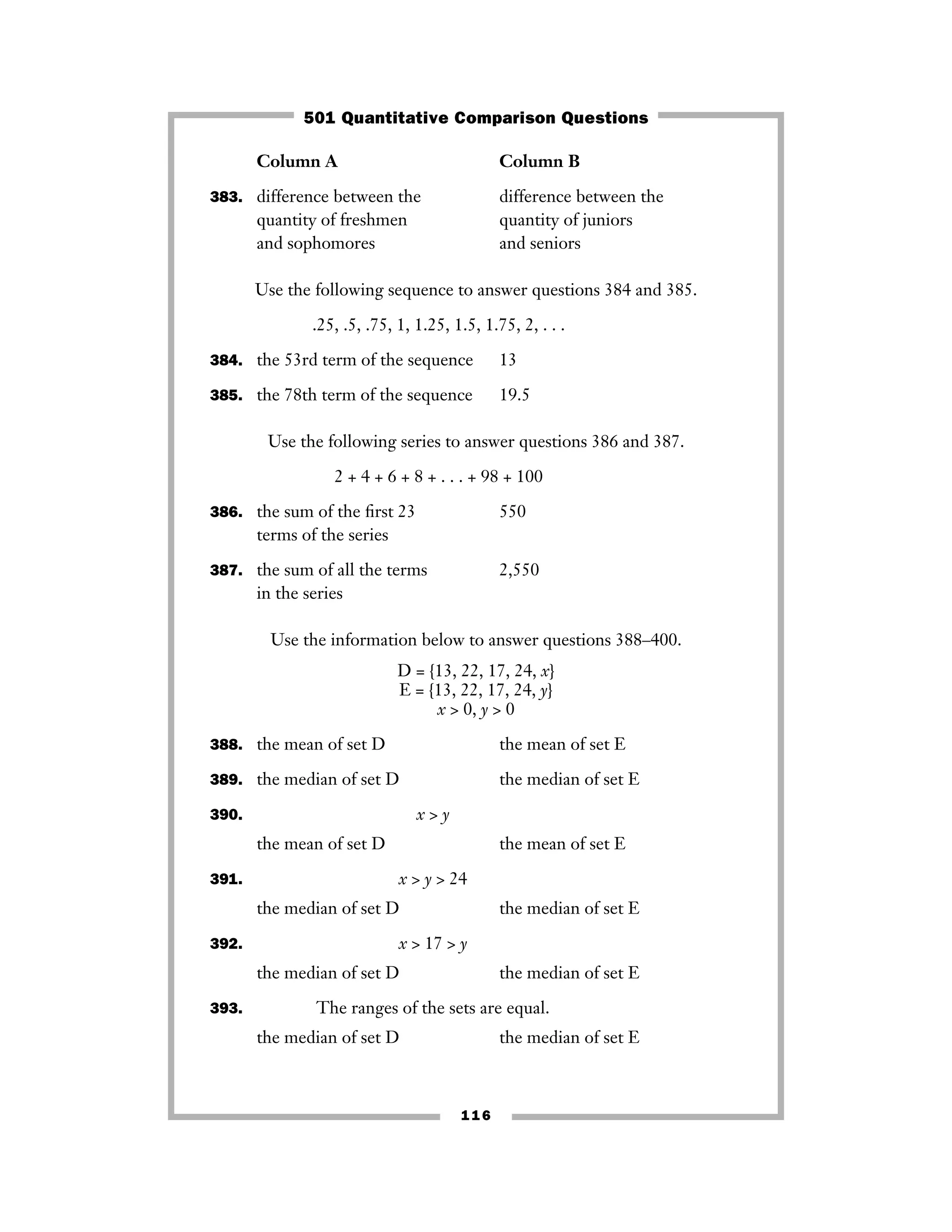Column A Column B
383. difference between the difference between the
quantity of freshmen quantity of juniors
and sophomores and seniors
Use the following sequence to answer questions 384 and 385.
.25, .5, .75, 1, 1.25, 1.5, 1.75, 2, . . .
384. the 53rd term of the sequence 13
385. the 78th term of the sequence 19.5
Use the following series to answer questions 386 and 387.
2 + 4 + 6 + 8 + . . . + 98 + 100
386. the sum of the ﬁrst 23 550
terms of the series
387. the sum of all the terms 2,550
in the series
Use the information below to answer questions 388–400.
D = {13, 22, 17, 24, x}
E = {13, 22, 17, 24, y}
x > 0, y > 0
388. the mean of set D the mean of set E
389. the median of set D the median of set E
390. x > y
the mean of set D the mean of set E
391. x > y > 24
the median of set D the median of set E
392. x > 17 > y
the median of set D the median of set E
393. The ranges of the sets are equal.
the median of set D the median of set E
116
501 Quantitative Comparison Questions
 