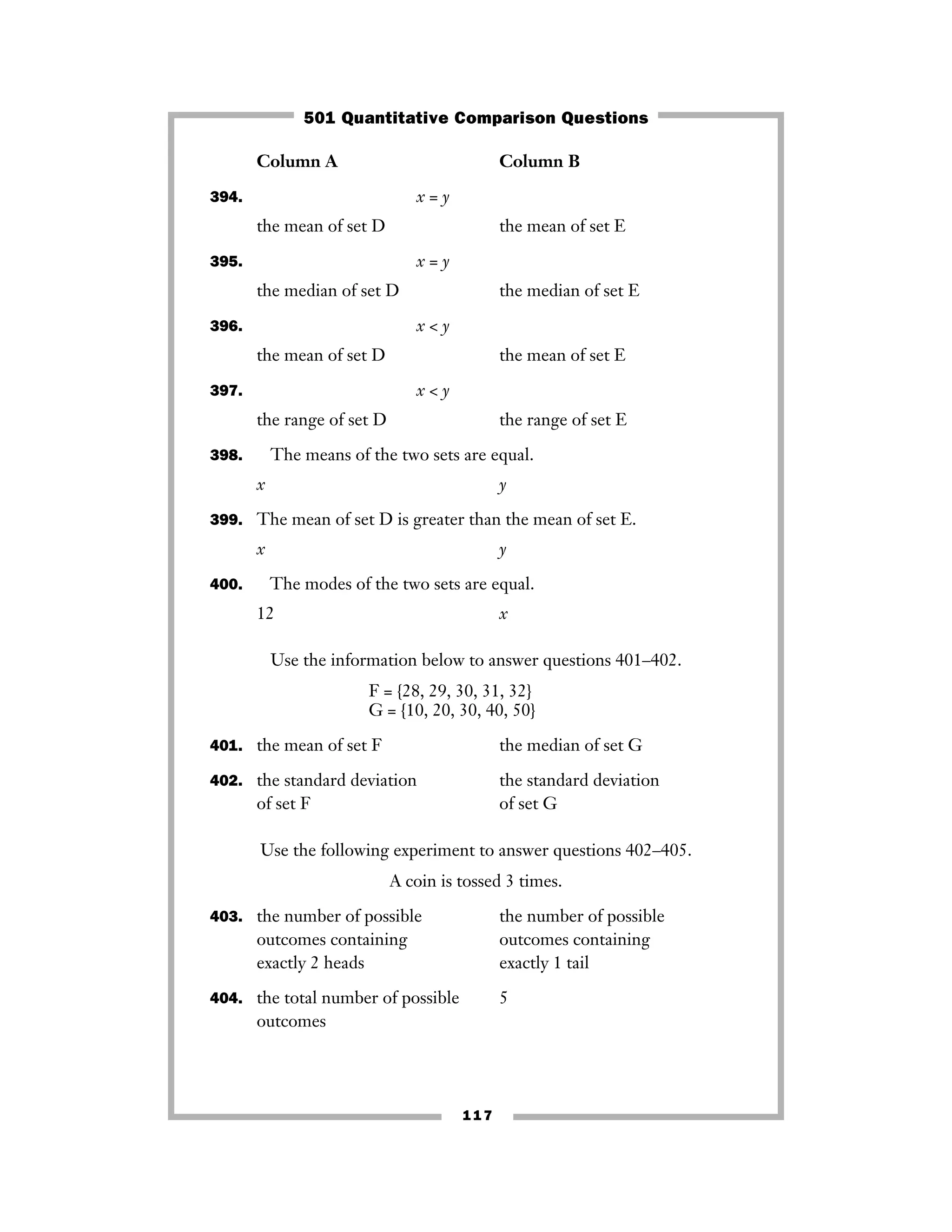 117
Column A Column B
394. x = y
the mean of set D the mean of set E
395. x = y
the median of set D the median of set E
396. x < y
the mean of set D the mean of set E
397. x < y
the range of set D the range of set E
398. The means of the two sets are equal.
x y
399. The mean of set D is greater than the mean of set E.
x y
400. The modes of the two sets are equal.
12 x
Use the information below to answer questions 401–402.
F = {28, 29, 30, 31, 32}
G = {10, 20, 30, 40, 50}
401. the mean of set F the median of set G
402. the standard deviation the standard deviation
of set F of set G
Use the following experiment to answer questions 402–405.
A coin is tossed 3 times.
403. the number of possible the number of possible
outcomes containing outcomes containing
exactly 2 heads exactly 1 tail
404. the total number of possible 5
outcomes
501 Quantitative Comparison Questions
 