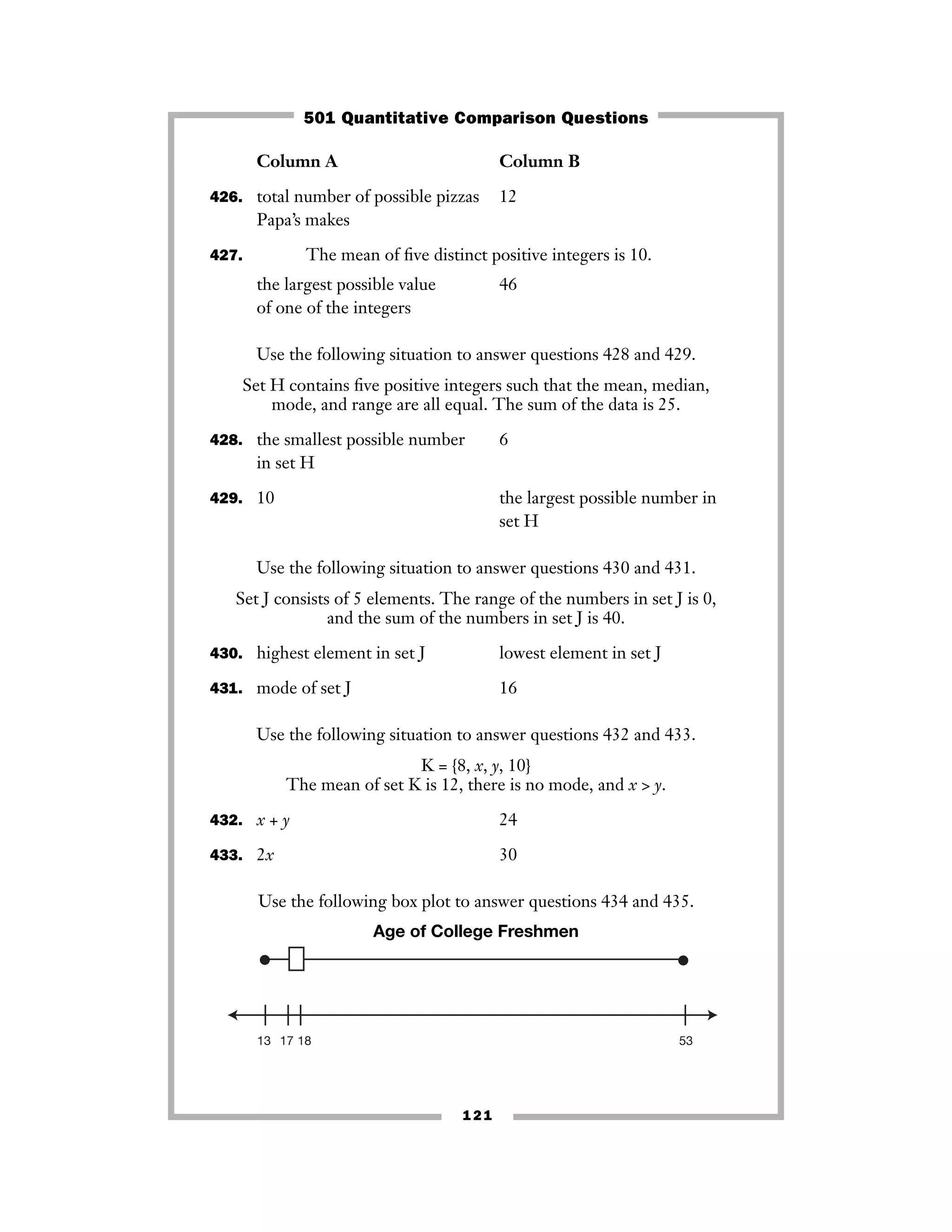 121
Column A Column B
426. total number of possible pizzas 12
Papa’s makes
427. The mean of ﬁve distinct positive integers is 10.
the largest possible value 46
of one of the integers
Use the following situation to answer questions 428 and 429.
Set H contains ﬁve positive integers such that the mean, median,
mode, and range are all equal. The sum of the data is 25.
428. the smallest possible number 6
in set H
429. 10 the largest possible number in
set H
Use the following situation to answer questions 430 and 431.
Set J consists of 5 elements. The range of the numbers in set J is 0,
and the sum of the numbers in set J is 40.
430. highest element in set J lowest element in set J
431. mode of set J 16
Use the following situation to answer questions 432 and 433.
K = {8, x, y, 10}
The mean of set K is 12, there is no mode, and x > y.
432. x + y 24
433. 2x 30
Use the following box plot to answer questions 434 and 435.
Age of College Freshmen
13 17 18 53
501 Quantitative Comparison Questions
 