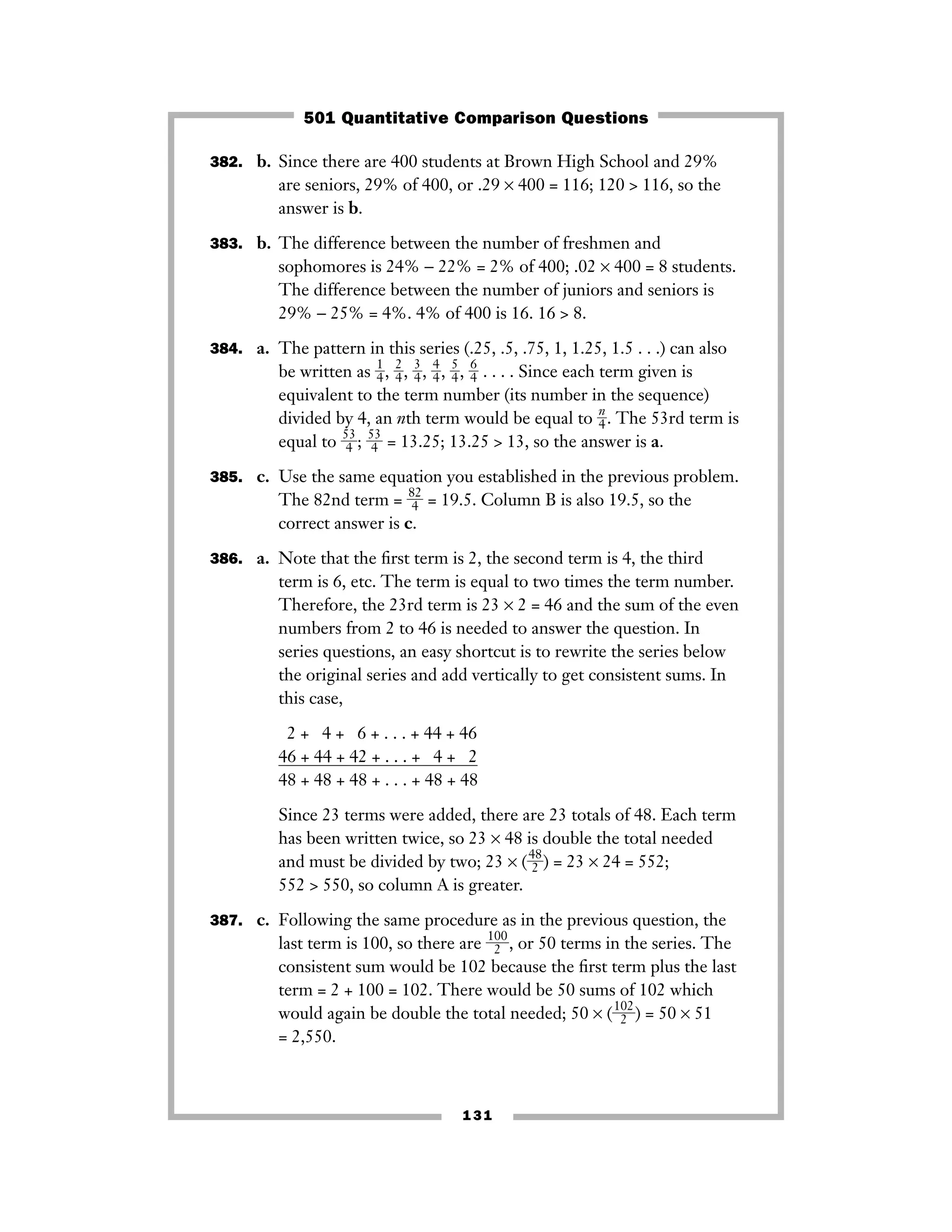 131
382. b. Since there are 400 students at Brown High School and 29%
are seniors, 29% of 400, or .29 × 400 = 116; 120 > 116, so the
answer is b.
383. b. The difference between the number of freshmen and
sophomores is 24% − 22% = 2% of 400; .02 × 400 = 8 students.
The difference between the number of juniors and seniors is
29% − 25% = 4%. 4% of 400 is 16. 16 > 8.
384. a. The pattern in this series (.25, .5, .75, 1, 1.25, 1.5 . . .) can also
be written as ᎏ
1
4
ᎏ, ᎏ
2
4
ᎏ, ᎏ
3
4
ᎏ, ᎏ
4
4
ᎏ, ᎏ
5
4
ᎏ, ᎏ
6
4
ᎏ . . . . Since each term given is
equivalent to the term number (its number in the sequence)
divided by 4, an nth term would be equal to ᎏ
n
4
ᎏ. The 53rd term is
equal to ᎏ
5
4
3
ᎏ; ᎏ
5
4
3
ᎏ = 13.25; 13.25 > 13, so the answer is a.
385. c. Use the same equation you established in the previous problem.
The 82nd term = ᎏ
8
4
2
ᎏ = 19.5. Column B is also 19.5, so the
correct answer is c.
386. a. Note that the ﬁrst term is 2, the second term is 4, the third
term is 6, etc. The term is equal to two times the term number.
Therefore, the 23rd term is 23 × 2 = 46 and the sum of the even
numbers from 2 to 46 is needed to answer the question. In
series questions, an easy shortcut is to rewrite the series below
the original series and add vertically to get consistent sums. In
this case,
2 + 4 + 6 + . . . + 44 + 46
46 + 44 + 42 + . . . + 4 + 2
48 + 48 + 48 + . . . + 48 + 48
Since 23 terms were added, there are 23 totals of 48. Each term
has been written twice, so 23 × 48 is double the total needed
and must be divided by two; 23 × (ᎏ
4
2
8
ᎏ) = 23 × 24 = 552;
552 > 550, so column A is greater.
387. c. Following the same procedure as in the previous question, the
last term is 100, so there are ᎏ
10
2
0
ᎏ, or 50 terms in the series. The
consistent sum would be 102 because the ﬁrst term plus the last
term = 2 + 100 = 102. There would be 50 sums of 102 which
would again be double the total needed; 50 × (ᎏ
10
2
2
ᎏ) = 50 × 51
= 2,550.
501 Quantitative Comparison Questions
 