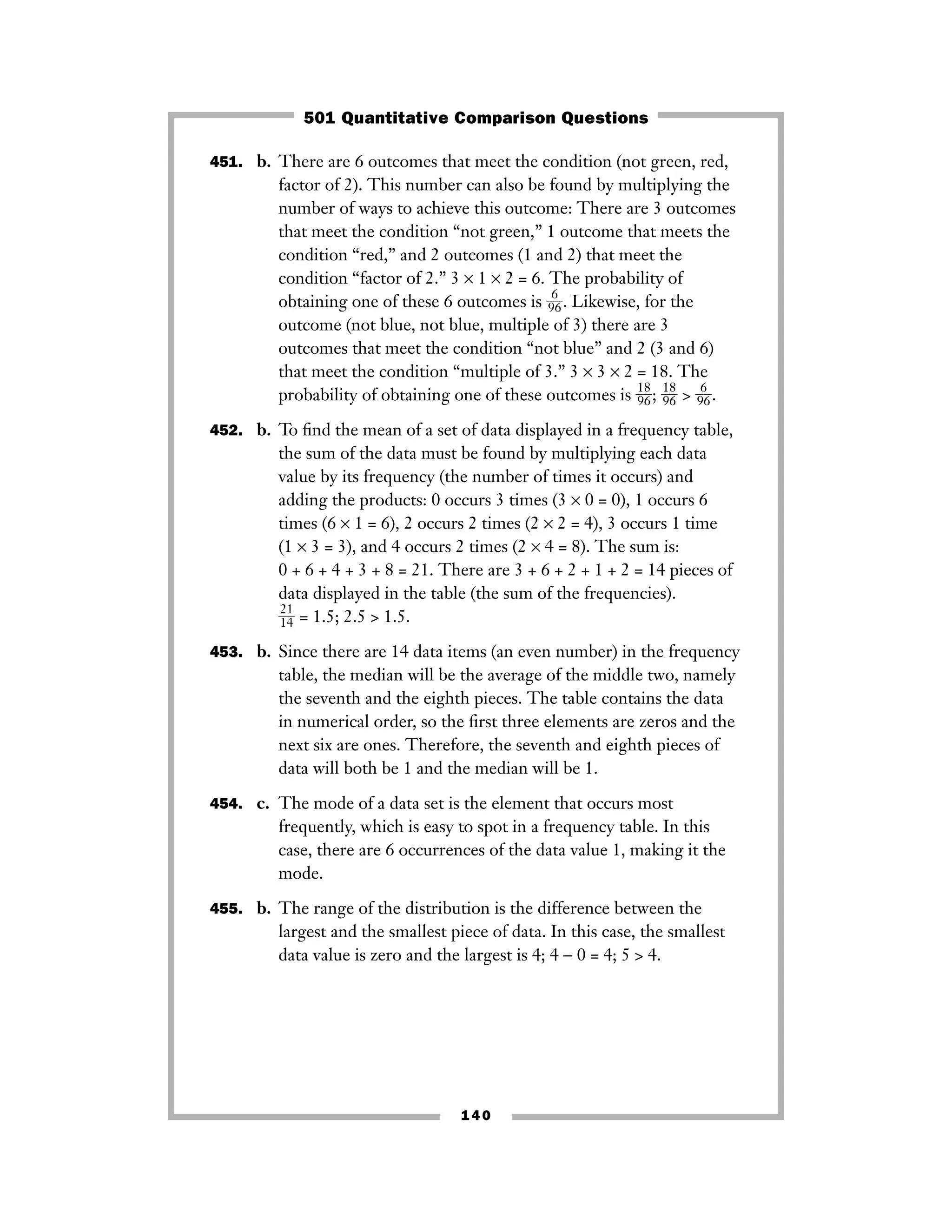 451. b. There are 6 outcomes that meet the condition (not green, red,
factor of 2). This number can also be found by multiplying the
number of ways to achieve this outcome: There are 3 outcomes
that meet the condition “not green,” 1 outcome that meets the
condition “red,” and 2 outcomes (1 and 2) that meet the
condition “factor of 2.” 3 × 1 × 2 = 6. The probability of
obtaining one of these 6 outcomes is ᎏ
9
6
6
ᎏ. Likewise, for the
outcome (not blue, not blue, multiple of 3) there are 3
outcomes that meet the condition “not blue” and 2 (3 and 6)
that meet the condition “multiple of 3.” 3 × 3 × 2 = 18. The
probability of obtaining one of these outcomes is ᎏ
1
9
8
6
ᎏ; ᎏ
1
9
8
6
ᎏ > ᎏ
9
6
6
ᎏ.
452. b. To ﬁnd the mean of a set of data displayed in a frequency table,
the sum of the data must be found by multiplying each data
value by its frequency (the number of times it occurs) and
adding the products: 0 occurs 3 times (3 × 0 = 0), 1 occurs 6
times (6 × 1 = 6), 2 occurs 2 times (2 × 2 = 4), 3 occurs 1 time
(1 × 3 = 3), and 4 occurs 2 times (2 × 4 = 8). The sum is:
0 + 6 + 4 + 3 + 8 = 21. There are 3 + 6 + 2 + 1 + 2 = 14 pieces of
data displayed in the table (the sum of the frequencies).
ᎏ
2
1
1
4
ᎏ = 1.5; 2.5 > 1.5.
453. b. Since there are 14 data items (an even number) in the frequency
table, the median will be the average of the middle two, namely
the seventh and the eighth pieces. The table contains the data
in numerical order, so the ﬁrst three elements are zeros and the
next six are ones. Therefore, the seventh and eighth pieces of
data will both be 1 and the median will be 1.
454. c. The mode of a data set is the element that occurs most
frequently, which is easy to spot in a frequency table. In this
case, there are 6 occurrences of the data value 1, making it the
mode.
455. b. The range of the distribution is the difference between the
largest and the smallest piece of data. In this case, the smallest
data value is zero and the largest is 4; 4 − 0 = 4; 5 > 4.
140
501 Quantitative Comparison Questions
 
