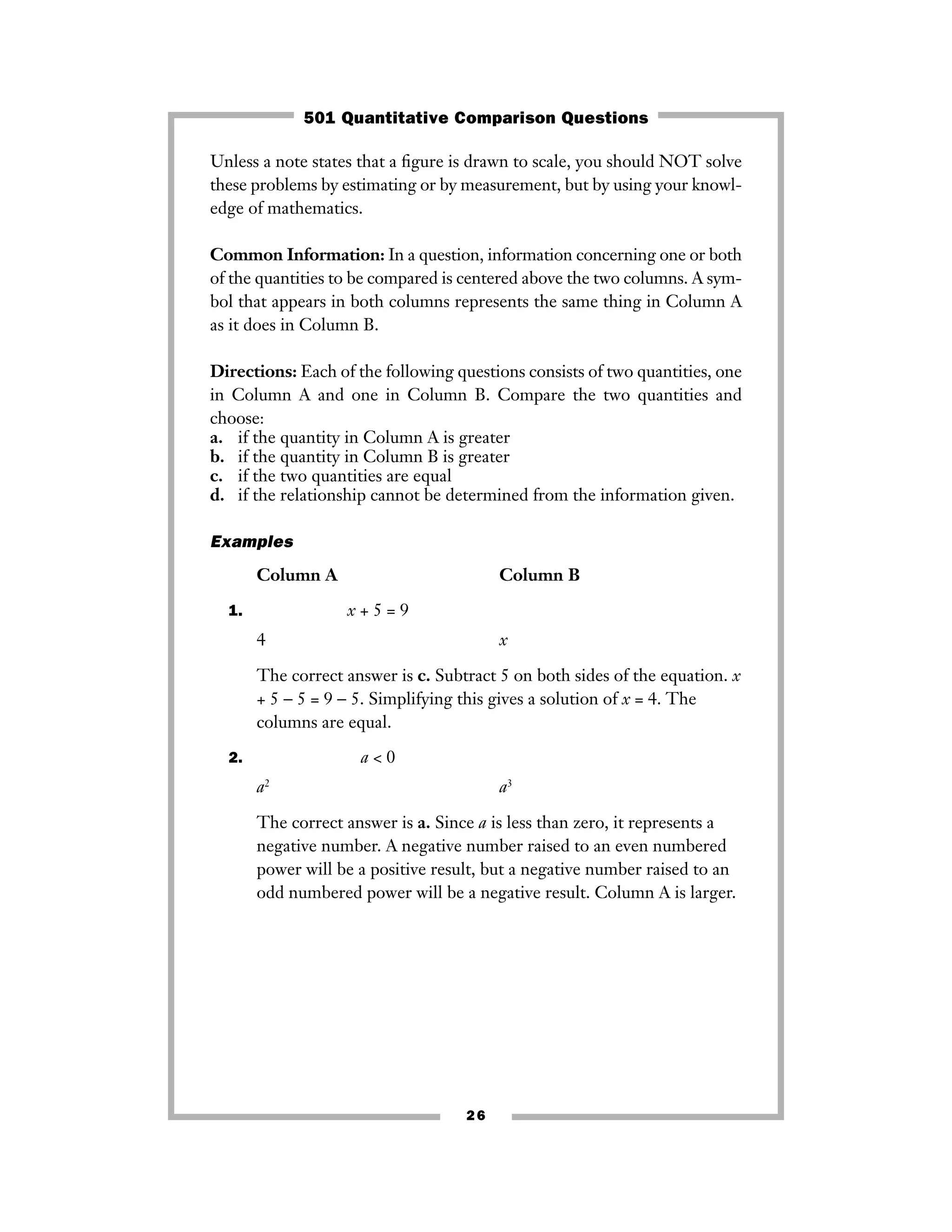Unless a note states that a ﬁgure is drawn to scale, you should NOT solve
these problems by estimating or by measurement, but by using your knowl-
edge of mathematics.
Common Information: In a question, information concerning one or both
of the quantities to be compared is centered above the two columns. A sym-
bol that appears in both columns represents the same thing in Column A
as it does in Column B.
Directions: Each of the following questions consists of two quantities, one
in Column A and one in Column B. Compare the two quantities and
choose:
a. if the quantity in Column A is greater
b. if the quantity in Column B is greater
c. if the two quantities are equal
d. if the relationship cannot be determined from the information given.
Examples
Column A Column B
1. x + 5 = 9
4 x
The correct answer is c. Subtract 5 on both sides of the equation. x
+ 5 − 5 = 9 − 5. Simplifying this gives a solution of x = 4. The
columns are equal.
2. a < 0
a2
a3
The correct answer is a. Since a is less than zero, it represents a
negative number. A negative number raised to an even numbered
power will be a positive result, but a negative number raised to an
odd numbered power will be a negative result. Column A is larger.
26
501 Quantitative Comparison Questions
 