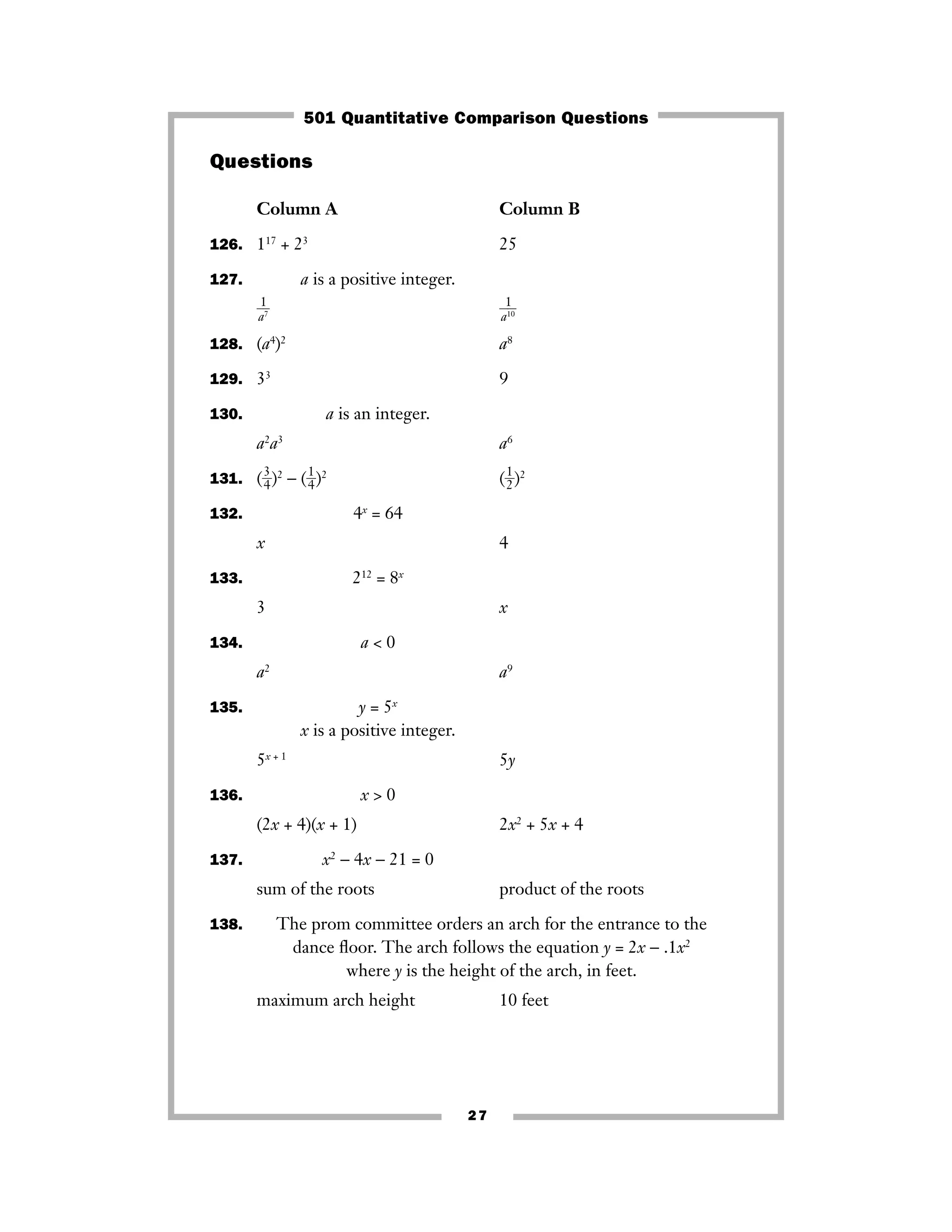 27
Questions
Column A Column B
126. 117
+ 23
25
127. a is a positive integer.
ᎏ
a
1
7ᎏ ᎏ
a
1
10ᎏ
128. (a4
)2
a8
129. 33
9
130. a is an integer.
a2
a3
a6
131. (ᎏ
3
4ᎏ)2
− (ᎏ
1
4ᎏ)2
(ᎏ
1
2ᎏ)2
132. 4x
= 64
x 4
133. 212
= 8x
3 x
134. a < 0
a2
a9
135. y = 5x
x is a positive integer.
5x + 1
5y
136. x > 0
(2x + 4)(x + 1) 2x2
+ 5x + 4
137. x2
− 4x − 21 = 0
sum of the roots product of the roots
138. The prom committee orders an arch for the entrance to the
dance ﬂoor. The arch follows the equation y = 2x − .1x2
where y is the height of the arch, in feet.
maximum arch height 10 feet
501 Quantitative Comparison Questions
 