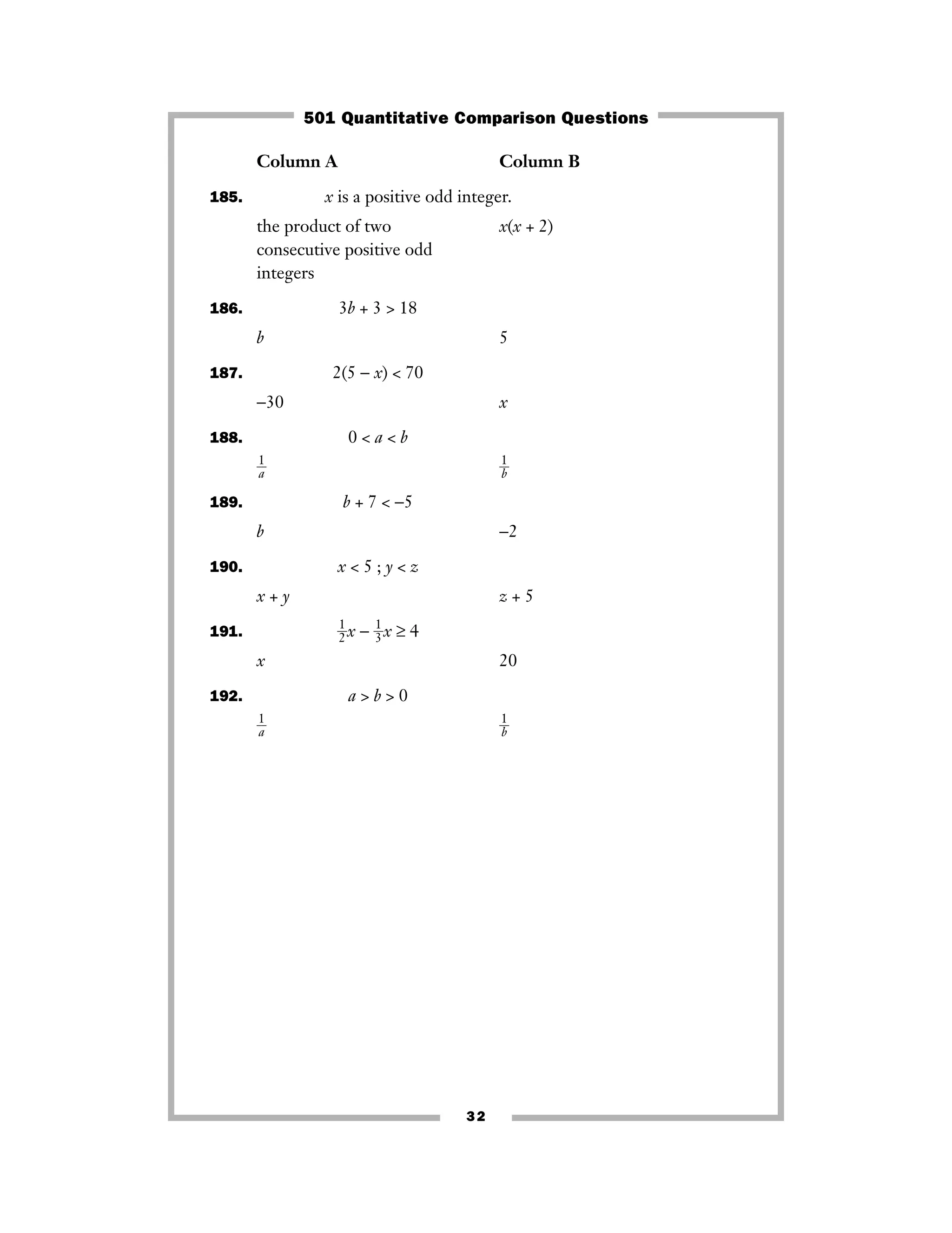 Column A Column B
185. x is a positive odd integer.
the product of two x(x + 2)
consecutive positive odd
integers
186. 3b + 3 > 18
b 5
187. 2(5 − x) < 70
−30 x
188. 0 < a < b
ᎏ
1
aᎏ ᎏ
1
bᎏ
189. b + 7 < −5
b −2
190. x < 5 ; y < z
x + y z + 5
191. ᎏ
1
2ᎏx − ᎏ
1
3ᎏx ≥ 4
x 20
192. a > b > 0
ᎏ
1
aᎏ ᎏ
1
bᎏ
32
501 Quantitative Comparison Questions
 