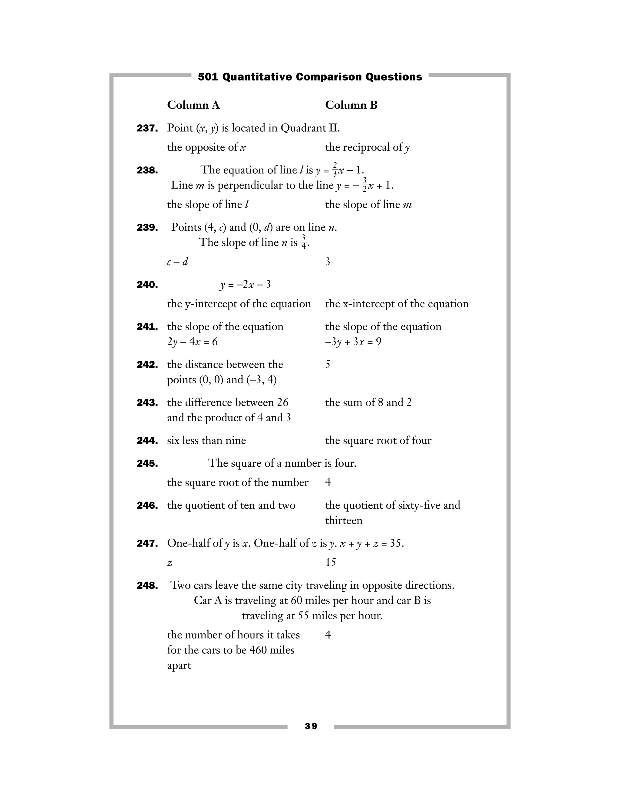 39
Column A Column B
237. Point (x, y) is located in Quadrant II.
the opposite of x the reciprocal of y
238. The equation of line l is y = ᎏ
2
3
ᎏx − 1.
Line m is perpendicular to the line y = − ᎏ
3
2
ᎏx + 1.
the slope of line l the slope of line m
239. Points (4, c) and (0, d) are on line n.
The slope of line n is ᎏ
3
4
ᎏ.
c − d 3
240. y = −2x − 3
the y-intercept of the equation the x-intercept of the equation
241. the slope of the equation the slope of the equation
2y − 4x = 6 −3y + 3x = 9
242. the distance between the 5
points (0, 0) and (−3, 4)
243. the difference between 26 the sum of 8 and 2
and the product of 4 and 3
244. six less than nine the square root of four
245. The square of a number is four.
the square root of the number 4
246. the quotient of ten and two the quotient of sixty-ﬁve and
thirteen
247. One-half of y is x. One-half of z is y. x + y + z = 35.
z 15
248. Two cars leave the same city traveling in opposite directions.
Car A is traveling at 60 miles per hour and car B is
traveling at 55 miles per hour.
the number of hours it takes 4
for the cars to be 460 miles
apart
501 Quantitative Comparison Questions
 