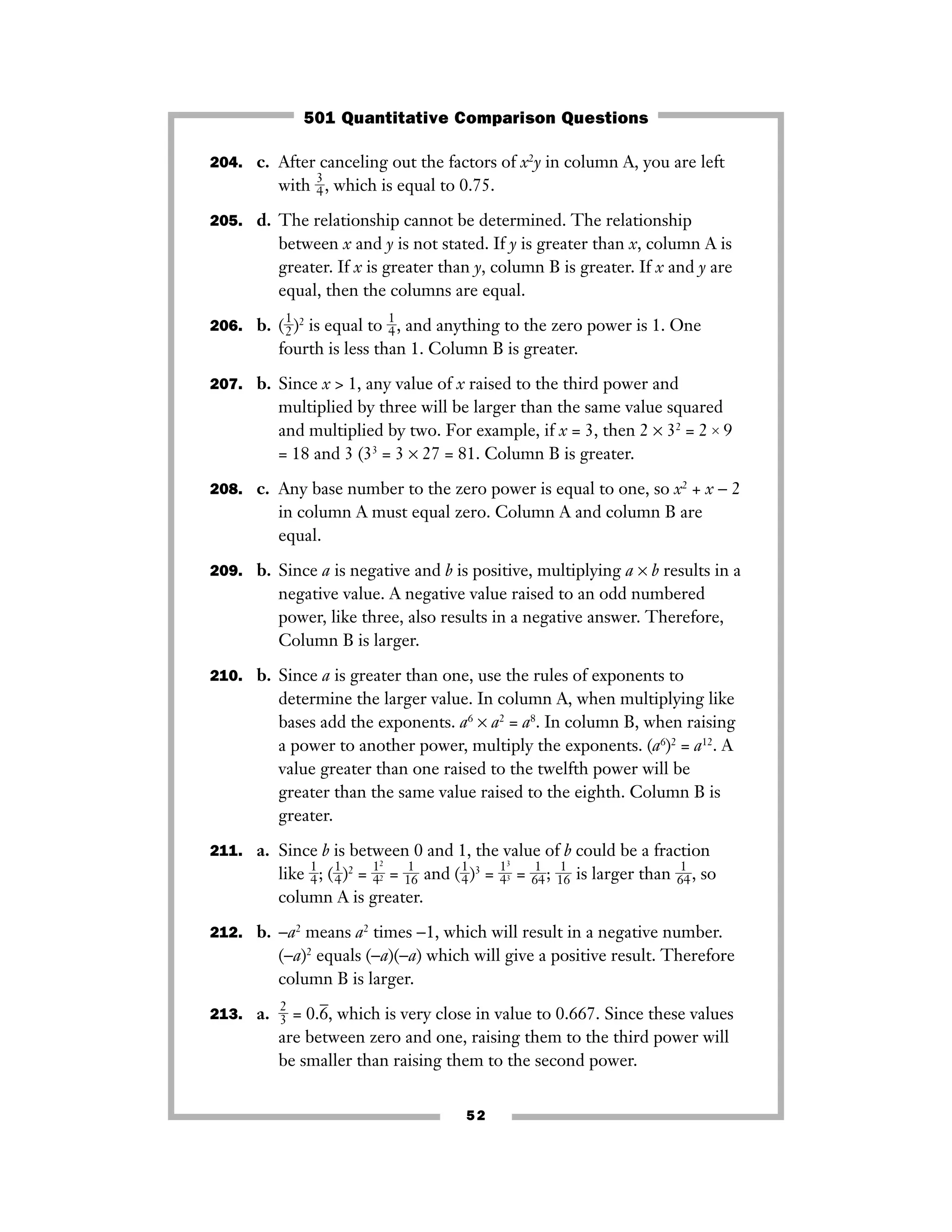 204. c. After canceling out the factors of x2
y in column A, you are left
with ᎏ
3
4
ᎏ, which is equal to 0.75.
205. d. The relationship cannot be determined. The relationship
between x and y is not stated. If y is greater than x, column A is
greater. If x is greater than y, column B is greater. If x and y are
equal, then the columns are equal.
206. b. (ᎏ
1
2
ᎏ)2
is equal to ᎏ
1
4
ᎏ, and anything to the zero power is 1. One
fourth is less than 1. Column B is greater.
207. b. Since x > 1, any value of x raised to the third power and
multiplied by three will be larger than the same value squared
and multiplied by two. For example, if x = 3, then 2 × 32
= 2 × 9
= 18 and 3 (33
= 3 × 27 = 81. Column B is greater.
208. c. Any base number to the zero power is equal to one, so x2
+ x − 2
in column A must equal zero. Column A and column B are
equal.
209. b. Since a is negative and b is positive, multiplying a × b results in a
negative value. A negative value raised to an odd numbered
power, like three, also results in a negative answer. Therefore,
Column B is larger.
210. b. Since a is greater than one, use the rules of exponents to
determine the larger value. In column A, when multiplying like
bases add the exponents. a6
× a2
= a8
. In column B, when raising
a power to another power, multiply the exponents. (a6
)2
= a12
. A
value greater than one raised to the twelfth power will be
greater than the same value raised to the eighth. Column B is
greater.
211. a. Since b is between 0 and 1, the value of b could be a fraction
like ᎏ
1
4
ᎏ; (ᎏ
1
4
ᎏ)2
= ᎏ
1
4
2
2ᎏ = ᎏ
1
1
6
ᎏ and (ᎏ
1
4
ᎏ)3
= ᎏ
1
4
3
3ᎏ = ᎏ
6
1
4
ᎏ; ᎏ
1
1
6
ᎏ is larger than ᎏ
6
1
4
ᎏ, so
column A is greater.
212. b. −a2
means a2
times −1, which will result in a negative number.
(−a)2
equals (−a)(−a) which will give a positive result. Therefore
column B is larger.
213. a. ᎏ
2
3
ᎏ = 0.6
–
, which is very close in value to 0.667. Since these values
are between zero and one, raising them to the third power will
be smaller than raising them to the second power.
52
501 Quantitative Comparison Questions
 