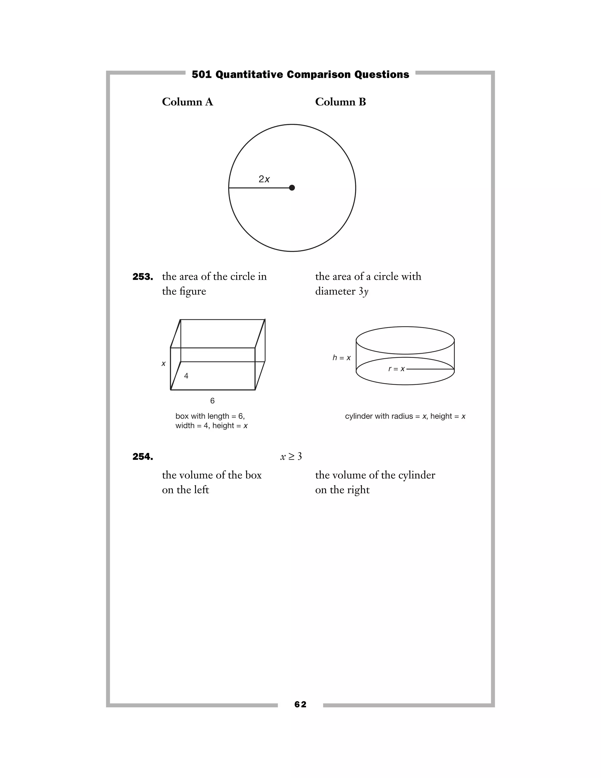 Column A Column B
253. the area of the circle in the area of a circle with
the ﬁgure diameter 3y
254. x ≥ 3
the volume of the box the volume of the cylinder
on the left on the right
h = x
r = x
4
6
x
box with length = 6,
width = 4, height = x
cylinder with radius = x, height = x
2x
62
501 Quantitative Comparison Questions
 