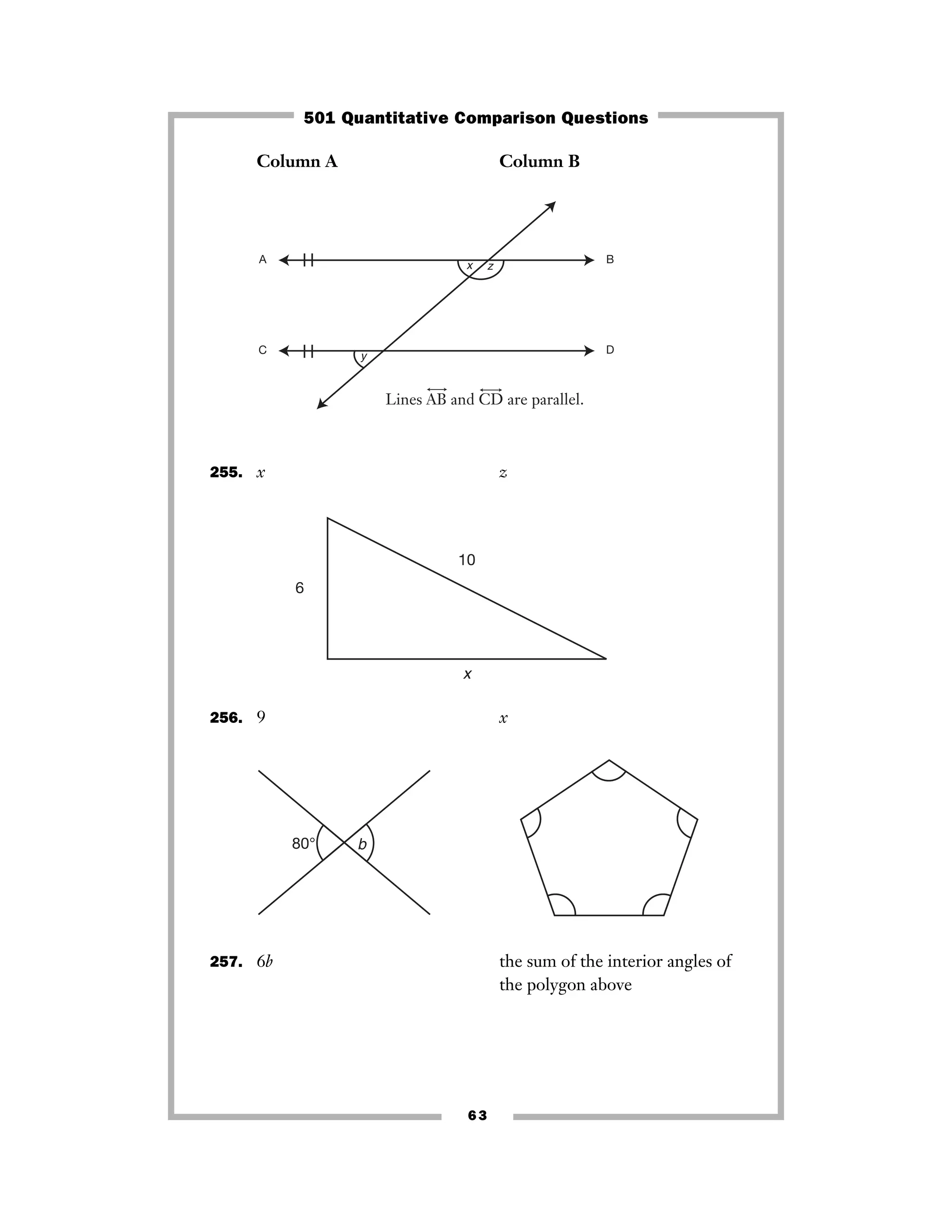 63
Column A Column B
255. x z
256. 9 x
257. 6b the sum of the interior angles of
the polygon above
80° b
10
6
x
x z
y
Lines AB and CD are parallel.
A
C
B
D
501 Quantitative Comparison Questions
 
