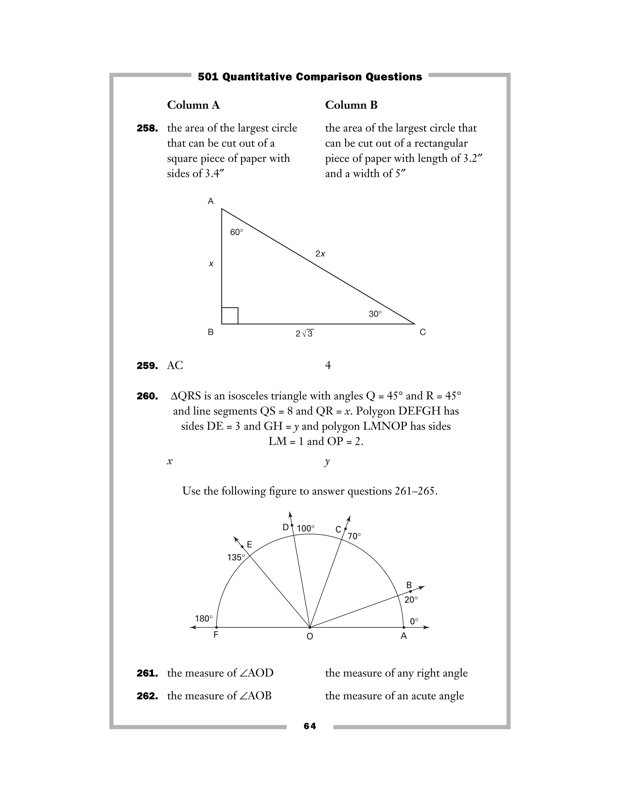 Column A Column B
258. the area of the largest circle the area of the largest circle that
that can be cut out of a can be cut out of a rectangular
square piece of paper with piece of paper with length of 3.2″
sides of 3.4″ and a width of 5″
259. AC 4
260. ΔQRS is an isosceles triangle with angles Q = 45° and R = 45°
and line segments QS = 8 and QR = x. Polygon DEFGH has
sides DE = 3 and GH = y and polygon LMNOP has sides
LM = 1 and OP = 2.
x y
Use the following ﬁgure to answer questions 261–265.
261. the measure of ∠AOD the measure of any right angle
262. the measure of ∠AOB the measure of an acute angle
180°
135°
100°
70°
20°
0°
F
E
D C
B
AO
60°
30°
2x
B
A
C2 3√¯¯¯
x
64
501 Quantitative Comparison Questions
 