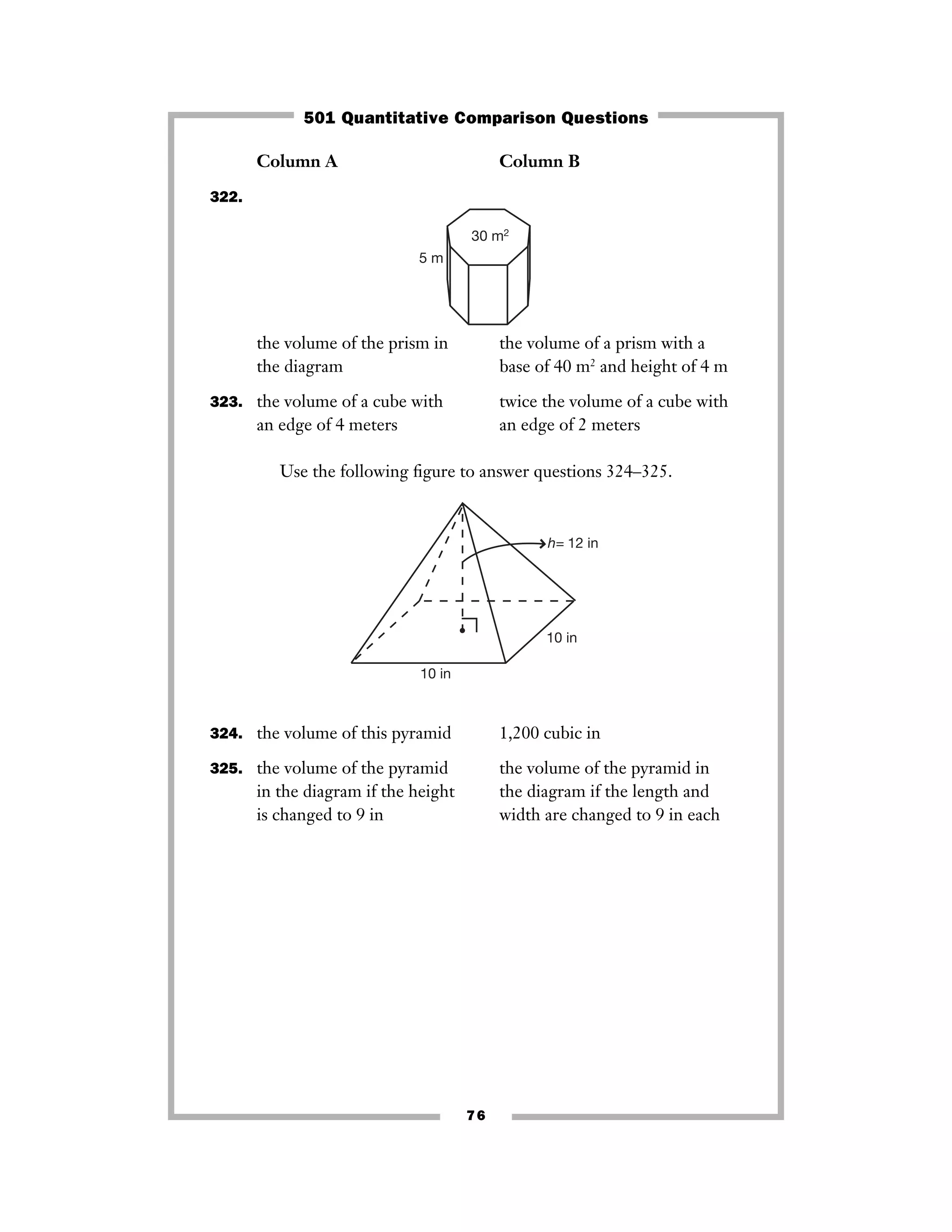Column A Column B
322.
the volume of the prism in the volume of a prism with a
the diagram base of 40 m2
and height of 4 m
323. the volume of a cube with twice the volume of a cube with
an edge of 4 meters an edge of 2 meters
Use the following ﬁgure to answer questions 324–325.
324. the volume of this pyramid 1,200 cubic in
325. the volume of the pyramid the volume of the pyramid in
in the diagram if the height the diagram if the length and
is changed to 9 in width are changed to 9 in each
h= 12 in
10 in
10 in
30 m2
5 m
76
501 Quantitative Comparison Questions
 