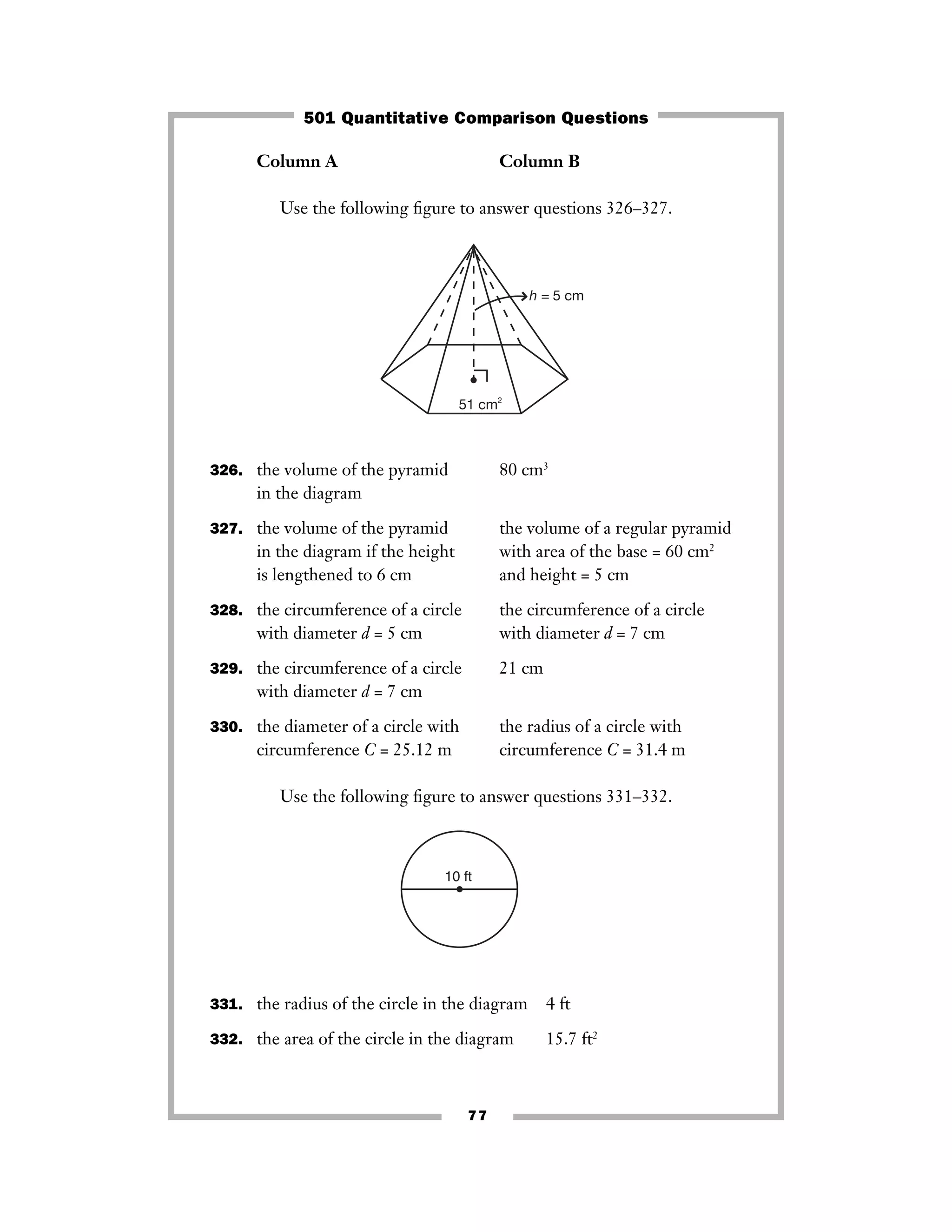 77
Column A Column B
Use the following ﬁgure to answer questions 326–327.
326. the volume of the pyramid 80 cm3
in the diagram
327. the volume of the pyramid the volume of a regular pyramid
in the diagram if the height with area of the base = 60 cm2
is lengthened to 6 cm and height = 5 cm
328. the circumference of a circle the circumference of a circle
with diameter d = 5 cm with diameter d = 7 cm
329. the circumference of a circle 21 cm
with diameter d = 7 cm
330. the diameter of a circle with the radius of a circle with
circumference C = 25.12 m circumference C = 31.4 m
Use the following ﬁgure to answer questions 331–332.
331. the radius of the circle in the diagram 4 ft
332. the area of the circle in the diagram 15.7 ft2
10 ft
51 cm2
h = 5 cm
501 Quantitative Comparison Questions
 