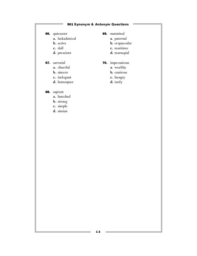 501 Synonym Antonym Questions
