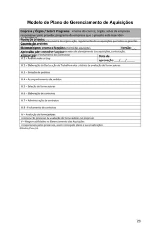 Modelo de Plano de Gerenciamento de Aquisições
I – Introdução
Empresa / Órgão / Setor/ Programa: <nome do cliente; órgão, setor da empresa
responsável pelo projeto; programa da e de sua importância para o está inserido> projeto>
<breve introdução sobre a finalidade do plano empresa que o projeto gerenciamento do
II – Referência
Nome do projeto:
<referência ao documento mestre da organização, regulamentando as aquisições que todos os gerentes
Gerente do projeto:
devem seguir>
Elaborado por: <nome ede gerenciamento das aquisições
III – Descrição dos processos função>                                                Versão: _._
Aprovado sobre <nome e função>
<instruções por: como dever ser os processos de planejamento das aquisições, contratação,
Assinatura: e fechamento dos contratos>
administração
                                                                 Data de
III.1 – Análise make or buy
                                                                 aprovação:___/___/_____
 III.2 – Elaboração da Declaração de Trabalho e dos critérios de avaliação de fornecedores

 III.3 – Emissão de pedidos

 III.4 – Acompanhamento de pedidos

 III.5 – Seleção de fornecedores

 III.6 – Elaboração de contratos

 III.7 – Administração de contratos

 III.8 - Fechamento de contratos

 IV – Avaliação de fornecedores
 <como serão processo de avaliação de fornecedores no projetos>
 V – Responsabilidades no Gerenciamento das Aquisições
 <responsáveis pelos processos, assim como pelo plano e sua atualização>
©Modelo_Plano_GA




                                                                                                 28
 