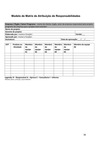 Modelo de Matriz de Atribuição de Responsabilidades

Empresa / Órgão / Setor/ Programa: <nome do cliente; órgão, setor da empresa responsável pelo projeto;
programa da empresa que o projeto está inserido>
Nome do projeto:
Gerente do projeto:
Elaborado por: <nome e função>                                                   Versão: _._
Aprovado por: <nome e função>
Assinatura:                                                     Data de aprovação:___/___/_____

 EDT         Produto ou          Membro      Membro   Membro   Membro   Membro   Membro da equipe
              Atividade          da          da       da       da       da       06
                                 equipe      equipe   equipe   equipe   equipe
                                 01          02       03       04       05




Legenda: R – Responsável A – Aprova C – Consultoria I – Informa
©Modelo_Matriz_atribuição_responsabilidade




                                                                                          38
 