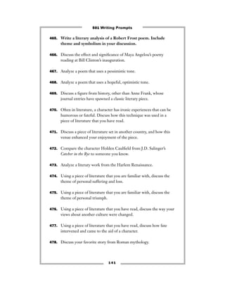 1 4 1
465. Write a literary analysis of a Robert Frost poem. Include
theme and symbolism in your discussion.
466. Discuss the effect and signiﬁcance of Maya Angelou’s poetry
reading at Bill Clinton’s inauguration.
467. Analyze a poem that uses a pessimistic tone.
468. Analyze a poem that uses a hopeful, optimistic tone.
469. Discuss a ﬁgure from history, other than Anne Frank, whose
journal entries have spawned a classic literary piece.
470. Often in literature, a character has ironic experiences that can be
humorous or fateful. Discuss how this technique was used in a
piece of literature that you have read.
471. Discuss a piece of literature set in another country, and how this
venue enhanced your enjoyment of the piece.
472. Compare the character Holden Caulﬁeld from J.D. Salinger’s
Catcher in the Rye to someone you know.
473. Analyze a literary work from the Harlem Renaissance.
474. Using a piece of literature that you are familiar with, discuss the
theme of personal suffering and loss.
475. Using a piece of literature that you are familiar with, discuss the
theme of personal triumph.
476. Using a piece of literature that you have read, discuss the way your
views about another culture were changed.
477. Using a piece of literature that you have read, discuss how fate
intervened and came to the aid of a character.
478. Discuss your favorite story from Roman mythology.
501 Writing Prompts
 
