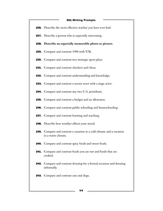 226. Describe the most effective teacher you have ever had.
227. Describe a person who is especially interesting.
228. Describe an especially memorable photo or picture.
229. Compare and contrast 1900 with Y2K.
230. Compare and contrast two strategic sport plays.
231. Compare and contrast checkers and chess.
232. Compare and contrast understanding and knowledge.
233. Compare and contrast a screen actor with a stage actor.
234. Compare and contrast any two U.S. presidents.
235. Compare and contrast a budget and an allowance.
236. Compare and contrast public schooling and homeschooling.
237. Compare and contrast learning and teaching.
238. Describe how weather affects your mood.
239. Compare and contrast a vacation in a cold climate and a vacation
in a warm climate.
240. Compare and contrast spicy foods and sweet foods.
241. Compare and contrast foods you eat raw and foods that are
cooked.
242. Compare and contrast dressing for a formal occasion and dressing
informally.
243. Compare and contrast cats and dogs.
5 8
501 Writing Prompts
 