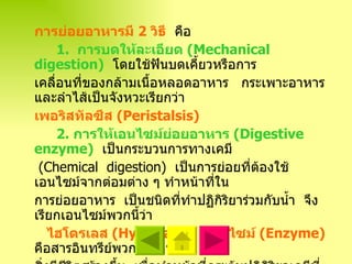 การย่อยอาหารมี  2  วิธี   คือ   1.  การบดให้ละเอียด  ( Mechanical  digestion )   โดยใช้ฟันบดเคี้ยวหรือการ เคลื่อนที่ของกล้ามเนื้อหลอดอาหาร  กระเพาะอาหารและลำไส้เป็นจังหวะเรียกว่า เพอริสทัลซีส  ( Peristalsis ) 2.  การให้เอนไซม์ย่อยอาหาร  ( Digestive  enzyme )   เป็นกระบวนการทางเคมี   ( Chemical  digestion )  เป็นการย่อยที่ต้องใช้เอนไซม์จากต่อมต่าง ๆ ทำหน้าที่ใน การย่อยอาหาร  เป็นชนิดที่ทำปฏิกิริยาร่วมกับน้ำ  จึงเรียกเอนไซม์พวกนี้ว่า ไฮโดรเลส  ( Hydrolase )   เอนไซม์  ( Enzyme )   คือสารอินทรีย์พวกโปรตีน ซึ่ง สิ่งมีชีวิตสร้างขึ้น  เพื่อทำหน้าที่กระตุ้นปฏิกิริยาเคมีที่เกิดขึ้นภายในสิ่งมีชีวิต  แบ่งเป็น  3 ชนิด Carbohydase   เอนไซม์ที่ย่อยสารอาหารพวกคาร์โบไฮเดรต 