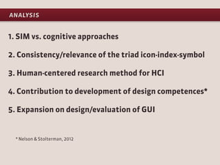 analysis

1. SIM vs. cognitive approaches

2. Consistency/relevance of the triad icon-index-symbol

3. Human-centered rese...
