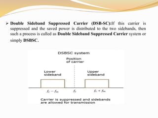 Double Sideband Suppressed Carrier (DSB-SC):If this carrier is
suppressed and the saved power is distributed to the two sidebands, then
such a process is called as Double Sideband Suppressed Carrier system or
simply DSBSC.
 