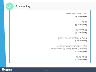 37
www.lingoda.com
Exercise
p.
11
1b,
2c,
3d,
4a
Exercise
p.
12
Country:
England,
Spain,
Germany,
France
City:
London,
Paris,
Berlin,
Madrid
Exercise
p.
13
1.
city,
2.
village,
3.
street,
4.
coast
Exercise
p.
21
1b,
2d,
3c,
4a
Exercise
p.
22
1b,
2a
Exercise
p.31
city,
cinema,
park,
street
Answer key
 