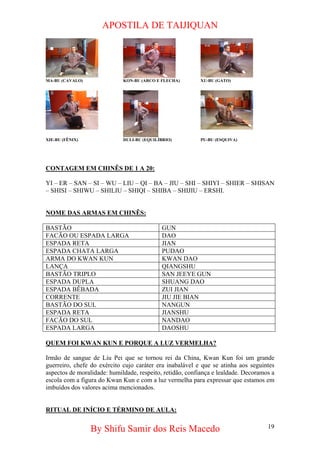 APOSTILA DE TAIJIQUAN 
MA-BU (CAVALO) 
KON-BU (ARCO E FLECHA) 
XU-BU (GATO) 
XIE-BU (FÊNIX) 
DULI-BU (EQUILÍBRIO) 
PU-BU (ESQUIVA) 
CONTAGEM EM CHINÊS DE 1 A 20: 
YI – ER – SAN – SI – WU – LIU – QI – BA – JIU – SHI – SHIYI – SHIER – SHISAN – SHISI – SHIWU – SHILIU – SHIQI – SHIBA – SHIJIU – ERSHI. 
NOME DAS ARMAS EM CHINÊS: 
BASTÃO 
GUN 
FACÃO OU ESPADA LARGA 
DAO 
ESPADA RETA 
JIAN 
ESPADA CHATA LARGA 
PUDAO 
ARMA DO KWAN KUN 
KWAN DAO 
LANÇA 
QIANGSHU 
BASTÃO TRIPLO 
SAN JEEYE GUN 
ESPADA DUPLA 
SHUANG DAO 
ESPADA BÊBADA 
ZUI JIAN 
CORRENTE 
JIU JIE BIAN 
BASTÃO DO SUL 
NANGUN 
ESPADA RETA 
JIANSHU 
FACÃO DO SUL 
NANDAO 
ESPADA LARGA 
DAOSHU 
QUEM FOI KWAN KUN E PORQUE A LUZ VERMELHA? 
Irmão de sangue de Liu Pei que se tornou rei da China, Kwan Kun foi um grande guerreiro, chefe do exército cujo caráter era inabalável e que se atinha aos seguintes aspectos de moralidade: humildade, respeito, retidão, confiança e lealdade. Decoramos a escola com a figura do Kwan Kun e com a luz vermelha para expressar que estamos em imbuídos dos valores acima mencionados. 
RITUAL DE INÍCIO E TÉRMINO DE AULA: 
By Shifu Samir dos Reis Macedo 19 
 