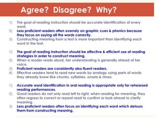 Agree? Disagree? Why?
1) The goal of reading instruction should be accurate identification of every
word.
2) Less proficient readers often overrely on graphic cues & phonics because
they focus on saying all the words correctly.
3) Constructing meaning from a text is more important than identifying each
word in the text.
1) The goal of reading instruction should be effective & efficient use of reading
strategies in order to construct meaning.
2) When a reader reads aloud, her understanding is generally ahead of her
voice.
3) Proficient readers are consistently also fluent readers.
4) Effective readers tend to read new words by analogy using parts of words
they already know like chunks, syllables, onsets & rimes.
1) Accurate word identification in oral reading is appropriate only for rehearsed
reading performances.
2) Good readers do not only read left to right; when reading for meaning, they
often regress to correct or repeat read to confirm or look ahead to clarify
meaning.
3) Less proficient readers often focus on identifying each word which detours
them from constructing meaning.
 