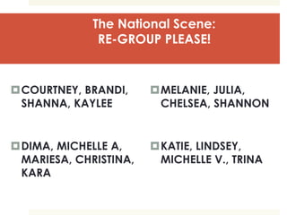 The National Scene:
RE-GROUP PLEASE!
COURTNEY, BRANDI,
SHANNA, KAYLEE
DIMA, MICHELLE A,
MARIESA, CHRISTINA,
KARA
MELANIE, JULIA,
CHELSEA, SHANNON
KATIE, LINDSEY,
MICHELLE V., TRINA
 