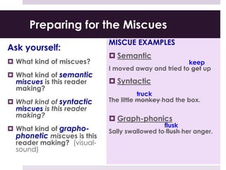 Preparing for the Miscues
Ask yourself:
 What kind of miscues?
 What kind of semantic
miscues is this reader
making?
 What kind of syntactic
miscues is this reader
making?
 What kind of grapho-
phonetic miscues is this
reader making? (visual-
sound)
MISCUE EXAMPLES
 Semantic
keep
I moved away and tried to get up
 Syntactic
truck
The little monkey had the box.
 Graph-phonics
flusk
Sally swallowed to flush her anger.
 