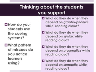 Thinking about the students
you support
How do your
students use
the cueing
systems?
What pattern
of miscues do
you notice
learners
using?
 What do they do when they
depend on grapho-phonics
while reading aloud?
 What do they do when they
depend on syntax while
reading aloud?
 What do they do when they
depend on pragmatics while
reading aloud?
 What do they do when they
depend on semantic while
reading aloud?
 
