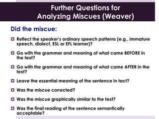 Further Questions for
Analyzing Miscues (Weaver)
Did the miscue:
 Reflect the speaker’s ordinary speech patterns (e.g., immature
speech, dialect, ESL or EFL learner)?
 Go with the grammar and meaning of what came BEFORE in
the text?
 Go with the grammar and meaning of what came AFTER in the
text?
 Leave the essential meaning of the sentence in tact?
 Was the miscue corrected?
 Was the miscue graphically similar to the text?
 Was the final reading of the sentence semantically
acceptable?
 
